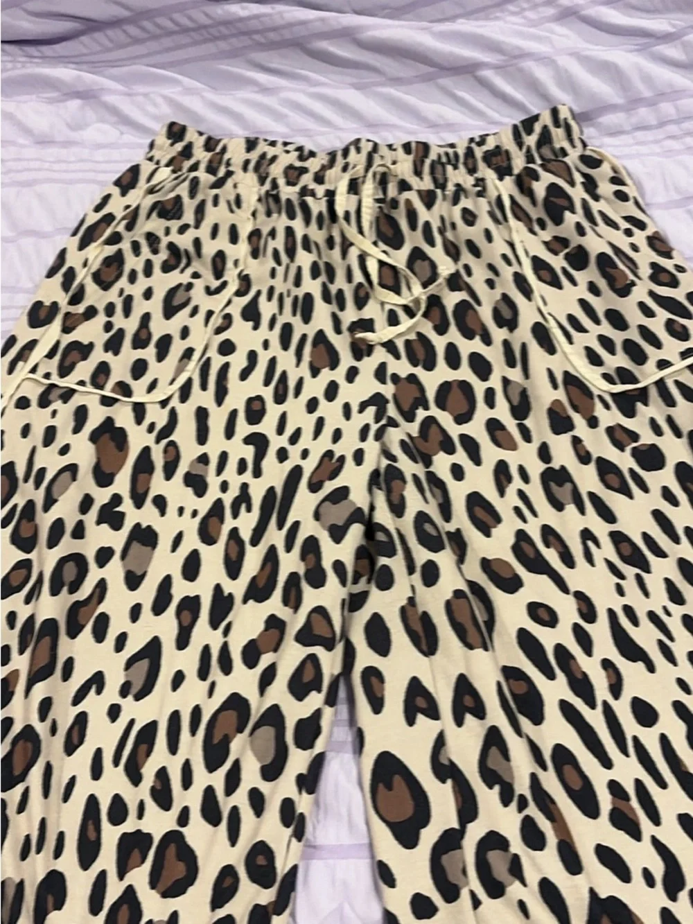 Women’s Leopard Print Drawstring Wide Leg Bottoms  - Cream/Brown